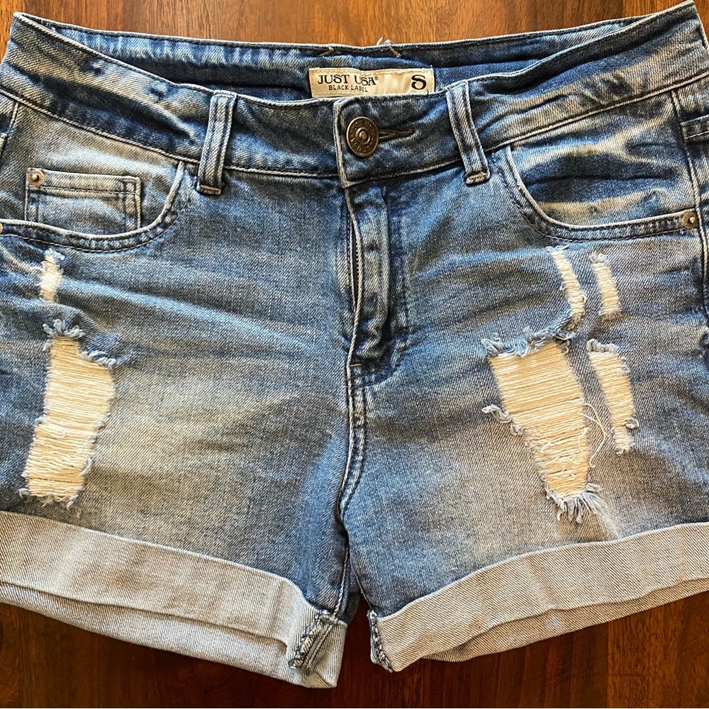 Black Label Blue Distressed Jean Shorts with Cuffed Hem
